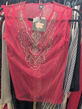 Hot Pink Beaded Mesh Camisole